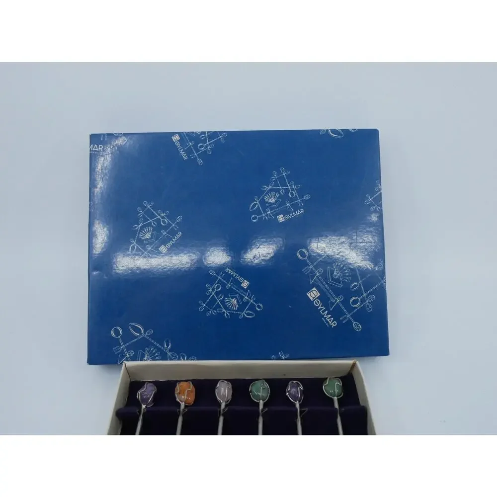 Vintage Barasch Sylmar Set of 12 Gem Stone Appetizer Picks Barware With Box